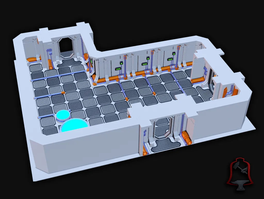 3D-printed modular sci-fi corridor wall tiles arranged into a space-ship interior for tabletop gaming