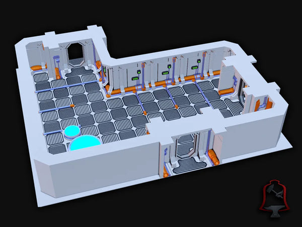 3D-printed modular sci-fi corridor wall tiles arranged into a space-ship interior for tabletop gaming