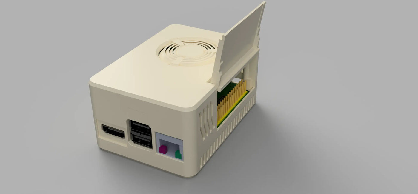 3D-printed Waveshare CM4 case with an open GPIO cutout and 40mm cooling fan housing a Raspberry Pi Compute Module 4