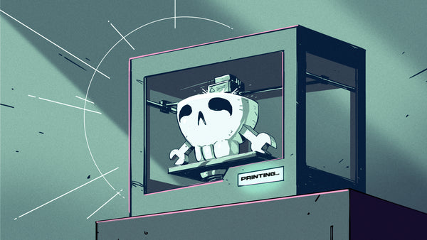 Illustration of volumetric 3D printing curing an object inside a rotating vial of light-sensitive resin