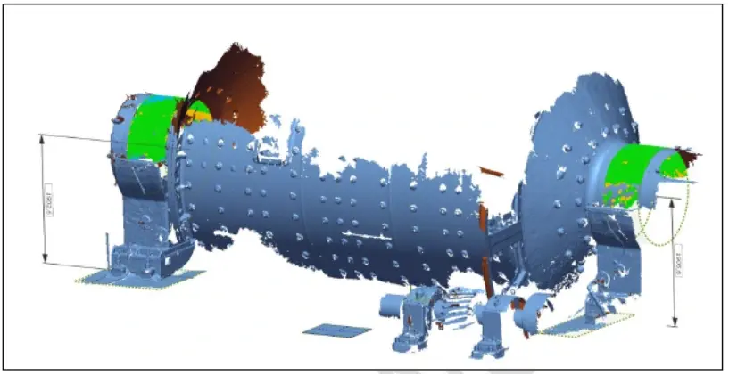 Colorful 3D scan inspection data of an industrial ball mill component, showing how a handheld laser scanner captures a real object as a digital model