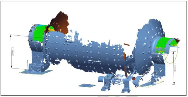 Colorful 3D scan inspection data of an industrial ball mill component, showing how a handheld laser scanner captures a real object as a digital model
