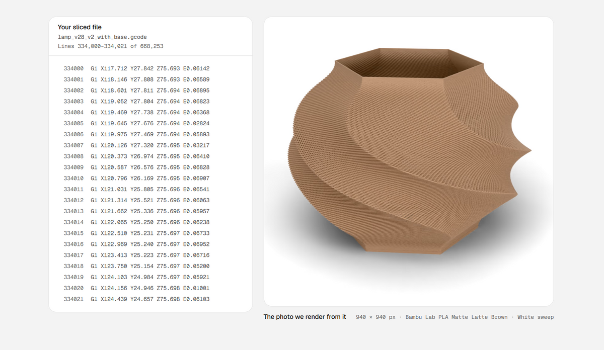 Realistic render of a 3D printed part showing visible layer lines, generated from G-code