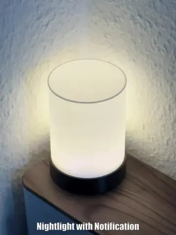 3D-printed minimalist smart lamp with a glowing LED ring, powered by WLED and connected to Home Assistant as a hallway notification nightlight