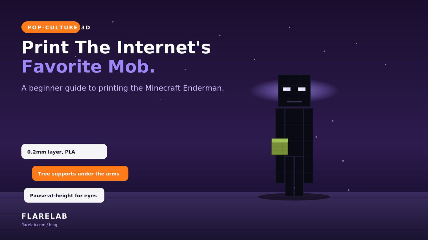Pixel-art Enderman holding a Minecraft grass block with print-setting tips