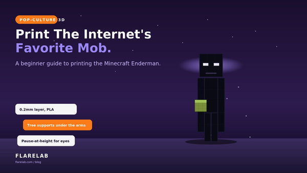 Pixel-art Enderman holding a Minecraft grass block with print-setting tips