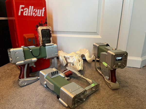 A 3D-printed Fallout-themed laser tag blaster assembled from multiple printed parts