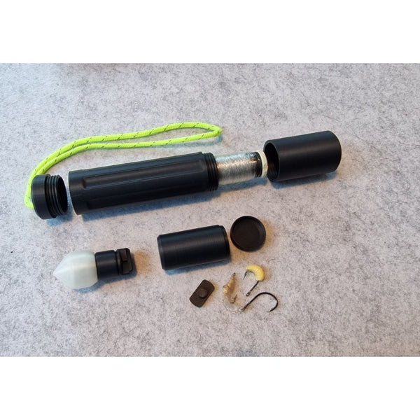 3D printed survivalist fishing reel kit with bait storage and bobber