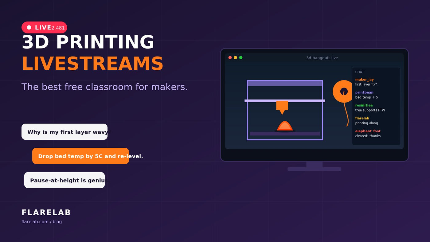 Illustration of a 3D printer livestream with a chat panel