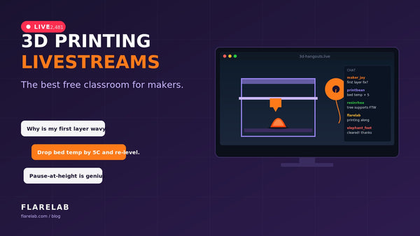 Illustration of a 3D printer livestream with a chat panel